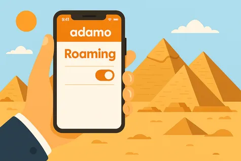 Roaming activado en móvil con red Adamo y fondo de las pirámides de Egipto