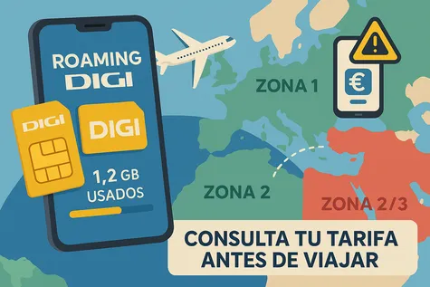 Ilustración digital sobre el roaming de DIGI con un mapa de Europa dividido en zonas.