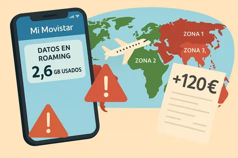 Ilustración digital que muestra un teléfono móvil con una tarifa de Movistar y los datos usados en Roaming junto a un mapa del mundo dividido por las zonas de roaming y una factura con coste de 120€