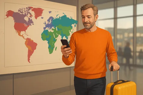 Ilustración digital en estilo plano de una persona consultando su móvil mientras viaja, con elementos visuales que representan conexión de datos, mapas y señal de red móvil, en referencia al roaming internacional con MásMóvil