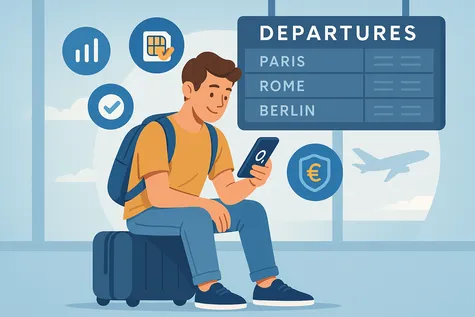 Joven sentado en una maleta en un aeropuerto revisando su móvil con iconos de roaming y destinos internacionales en el fondo