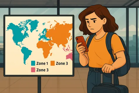 Ilustración digital en estilo plano que muestra a una persona joven usando el móvil en el extranjero con señal de red, iconos de conexión y elementos que evocan viaje y conectividad con Vodafone