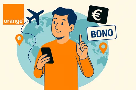 Ilustración digital en formato horizontal que muestra a un hombre joven consultando su móvil reflejando el contexto de roaming internacional con Orange. Estilo plano y colores vivos.