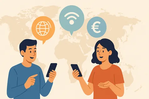 Una pareja busca la mejor tarifa con roaming desde su móvil antes de viajar al extranjero.