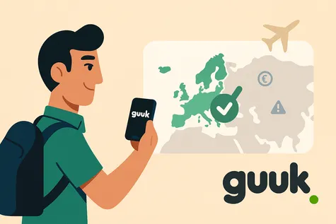 Hombre con mochila consultando su móvil con el logo de Guuk, frente a un mapa de Europa con check verde.