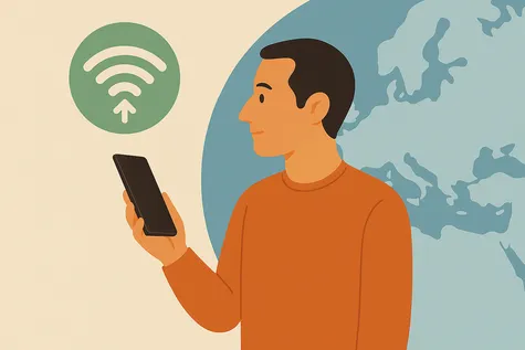 Hombre consultando su móvil frente a un mapa de Europa y símbolo de conexión