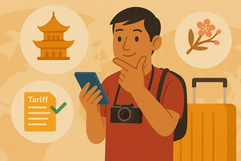 Hombre revisando tarifas móviles para viajar por Asia con elementos culturales de fondo