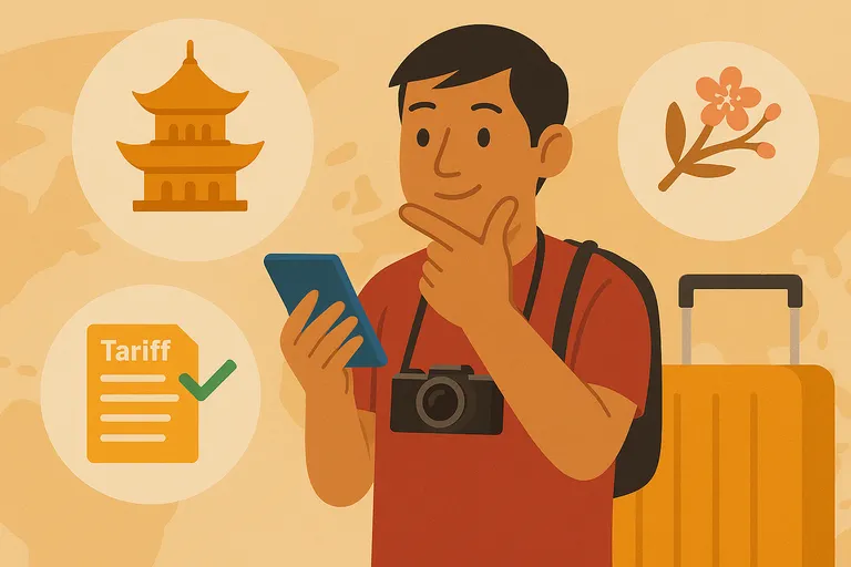 Hombre revisando tarifas móviles para viajar por Asia con elementos culturales de fondo