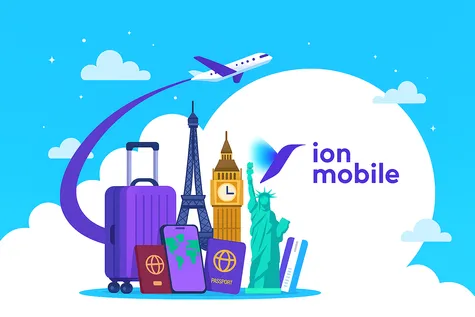Imagen de Ion Mobile sobre roaming con maletas, pasaportes, monumentos famosos y un avión despegando.