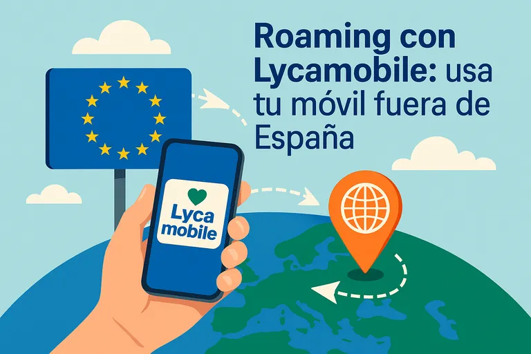 Mano sosteniendo un móvil con el logo de Lycamobile frente a un cartel de la Unión Europea y un mapa, con el texto "Roaming con Lycamobile: usa tu móvil fuera de España".
