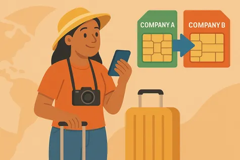 Mujer viajera cambiando de operador móvil antes de irse de viaje y con necesidad de roaming.png