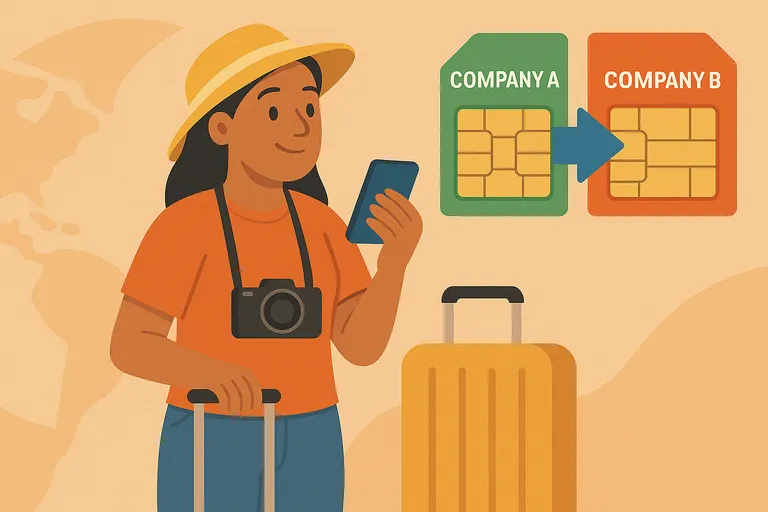 Mujer viajera cambiando de operador móvil antes de irse de viaje y con necesidad de roaming.png