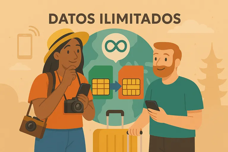 Pareja mirando el móvil con maletas, cámara y tarjetas SIM de datos ilimitados para roaming