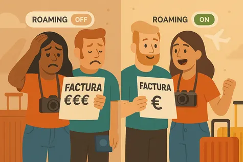 Parejas comparando facturas altas y bajas según el uso del roaming activado o desactivado.