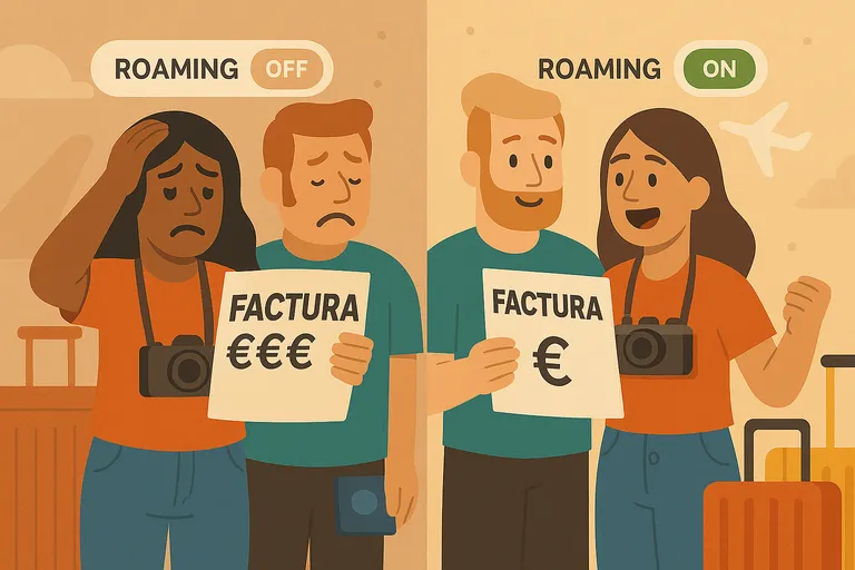 Parejas comparando facturas altas y bajas según el uso del roaming activado o desactivado.