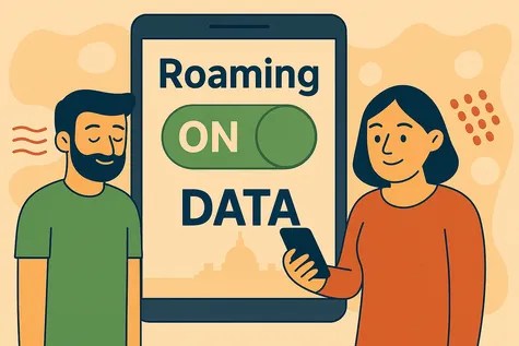 Personas usando el móvil junto a pantalla que activa o desactiva el roaming.