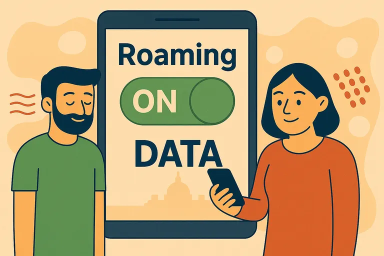 Personas usando el móvil junto a pantalla que activa o desactiva el roaming.