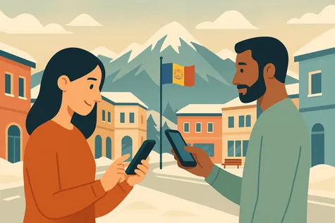 Una pareja usa el teléfono móvil porque tiene una tarifa de datos móviles que les permite conectarse cuando están en Andorra.