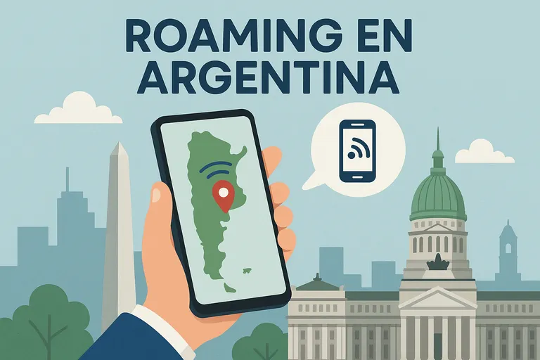 Ilustración de una mano sosteniendo un móvil con mapa de Argentina  y señal de cobertura. 
