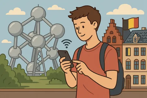 Turista usando el móvil con señal activa frente al Atomium y la bandera de Bélgica, rodeado de arquitectura típica europea.