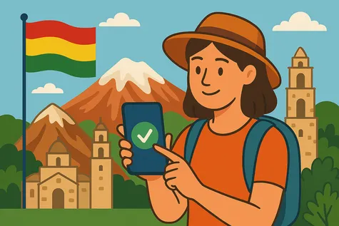 Mujer viajera usando su móvil con gracias a las altermativas al roaming en Bolivia, con el monte Illimani, iglesias coloniales y la bandera boliviana.