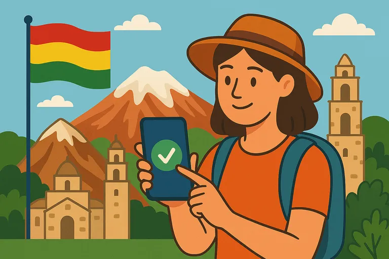 Mujer viajera usando su móvil con gracias a las altermativas al roaming en Bolivia, con el monte Illimani, iglesias coloniales y la bandera boliviana.