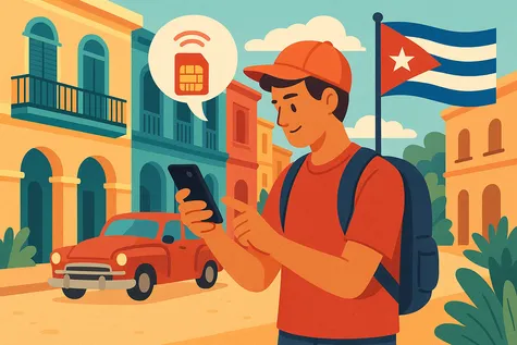 Turista usando el móvil con señal activa en una calle de Cuba, con bandera cubana, coche clásico y edificios coloniales de colores.
