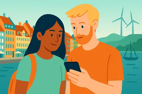 Pareja usa móvil en roaming junto al ayuntamiento y coloridas fachadas de Estocolomo, representando el roaming en Dinamarca. 