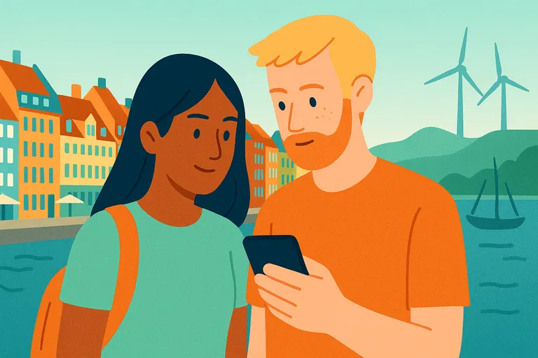 Pareja usa móvil en roaming junto al ayuntamiento y coloridas fachadas de Estocolomo, representando el roaming en Dinamarca. 