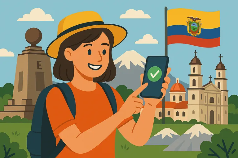 Mujer sonriente usando su móvil conectado con las alternativas al roaming en Ecuador,  con la bandera ecuatoriana y el monumento de la Mitad del Mundo.