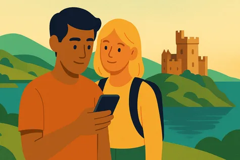 Pareja viajera consulta su móvil ante un castillo escocés y colinas junto a un lado, representando el roaming en Escocia.