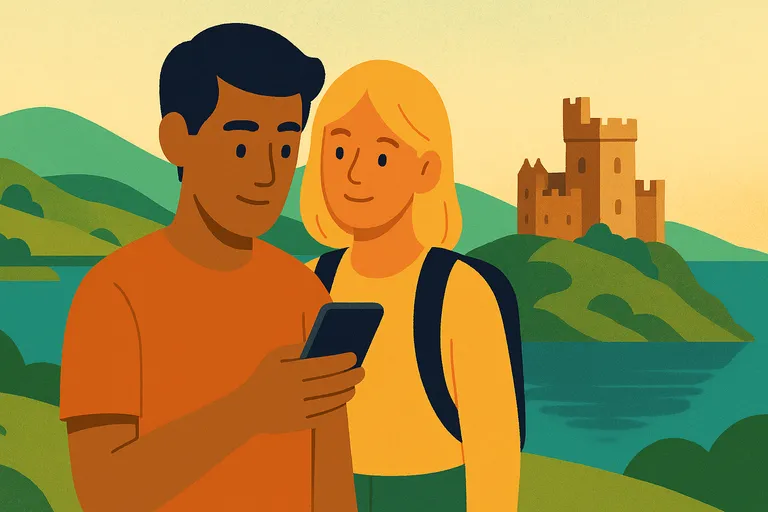 Pareja viajera consulta su móvil ante un castillo escocés y colinas junto a un lado, representando el roaming en Escocia.