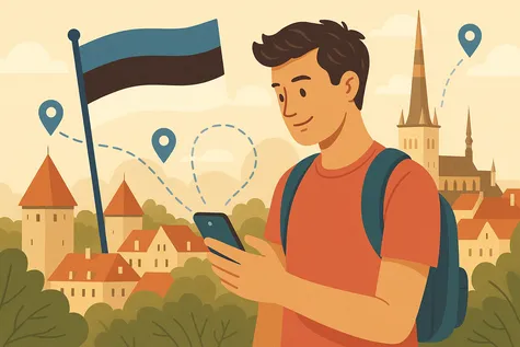 Turista usando el móvil con puntos de ubicación y conexión activa, frente a la bandera de Estonia y arquitectura típica de Tallinn.