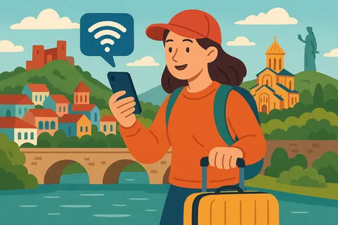 Turista con maleta usando el móvil con conexión en Georgia, rodeada de arquitectura tradicional, montañas y un icono de Wi-Fi.