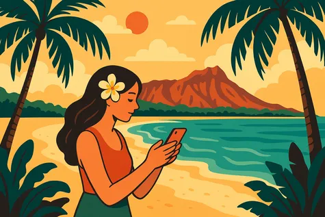 Mujer con flor en el cabello usando el móvil en una playa tropical de Hawái, con palmeras, mar y un volcán al fondo al atardecer.