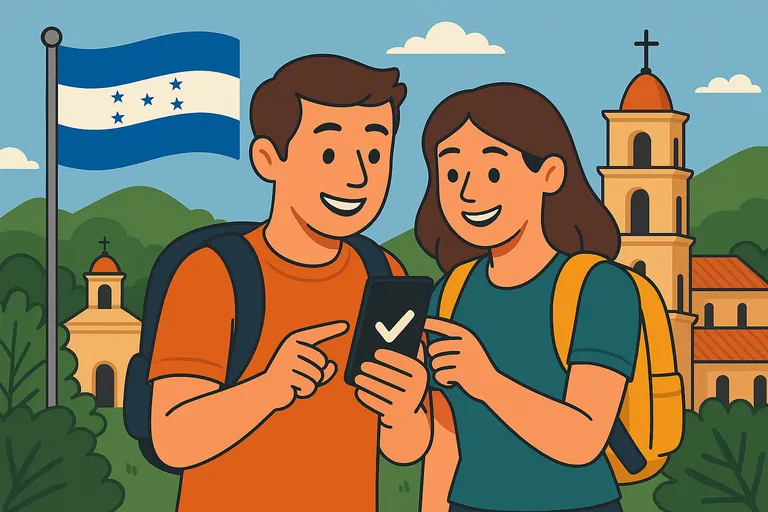 Pareja de viajeros consultando su móvil con conexión activa mientras disfrutan del roaming en Honduras.