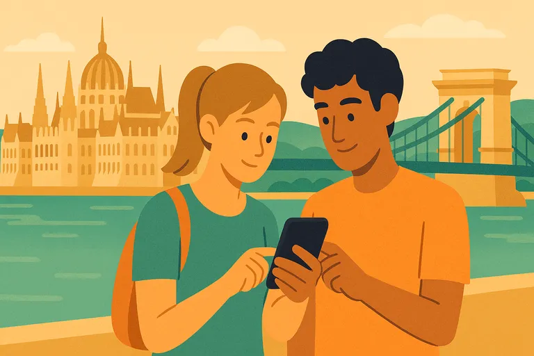 Pareja envía un Whatsapp junto al Parlamento y el Puente de las Cadenas de Budapest gracias al roaming en Hungría.