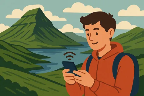Turista con mochila y sudadera usando el móvil con señal activa en un paisaje montañoso y verde de las Islas Feroe.