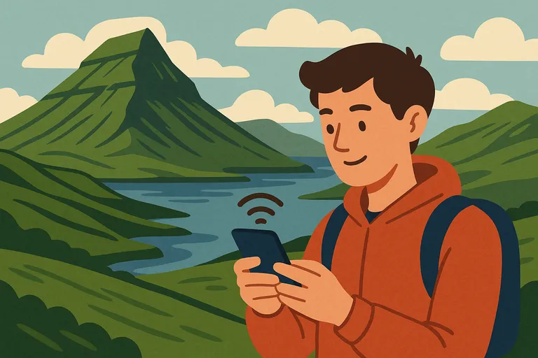 Turista con mochila y sudadera usando el móvil con señal activa en un paisaje montañoso y verde de las Islas Feroe.
