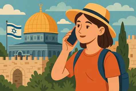 Turista con sombrero hablando por teléfono frente a la Cúpula de la Roca y la bandera de Israel, rodeada de murallas y vegetación.