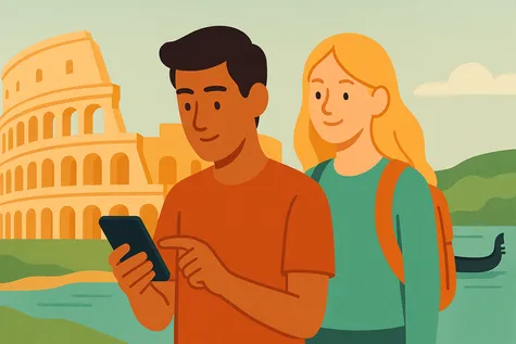 Pareja viajera frente al Coliseo; él consulta su móvil y ella observa, representando el roaming en Itlalia