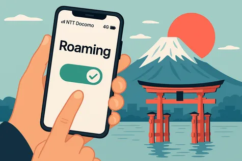 Roaming activado en móvil frente al Monte Fuji y un torii en Japón