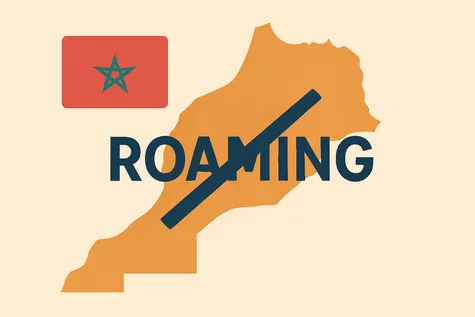 Mapa de Marruecos con la palabra Roaming tachada porque no puedes disfrutar de él como si estuvieras en la UE.