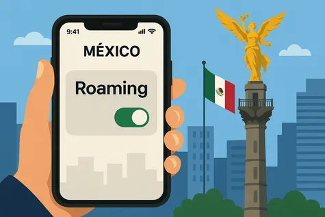 Roaming activado en móvil frente al Ángel de la Independencia en México