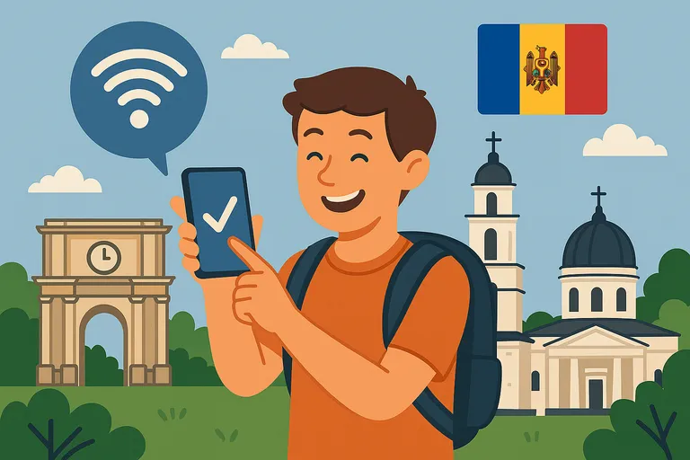 Turista sonriente con mochila señalando su móvil con conexión activa en Moldavia, frente al Arco del Triunfo de Chisináu.