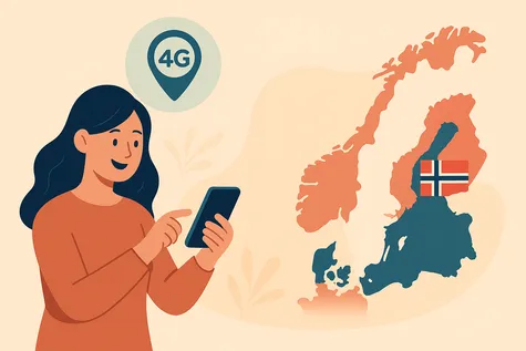 Una mujer mira su smartphone  junto a un mapa de Europa que resalta Noruega en azul oscuro porque puede utilizar el roaming.