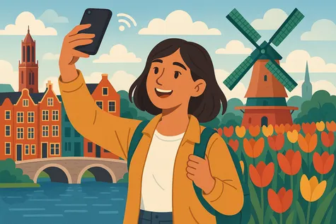 Viajera haciéndose un selfie con el móvil en un paisaje de Países Bajos, con tulipanes, molinos y casas típicas al fondo.