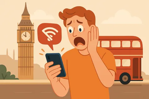 Hombre mira asustado su smartphone porque está sin conexión Wi-Fi y no puede utilizar los datos como en España.
