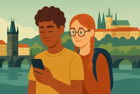 Pareja consulta móvil en roaming junto al puente de Carlos y el castillo de Praga, República Checa.