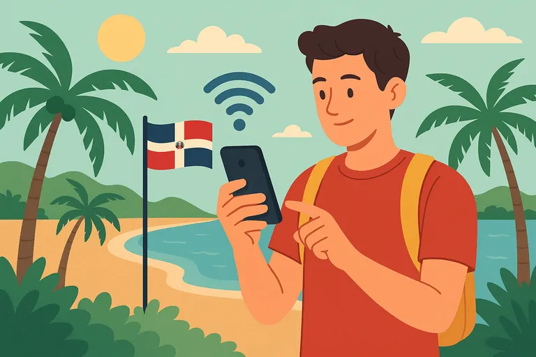Turista usando el móvil con conexión activa en una playa de República Dominicana, rodeado de palmeras y con la bandera nacional al fondo.